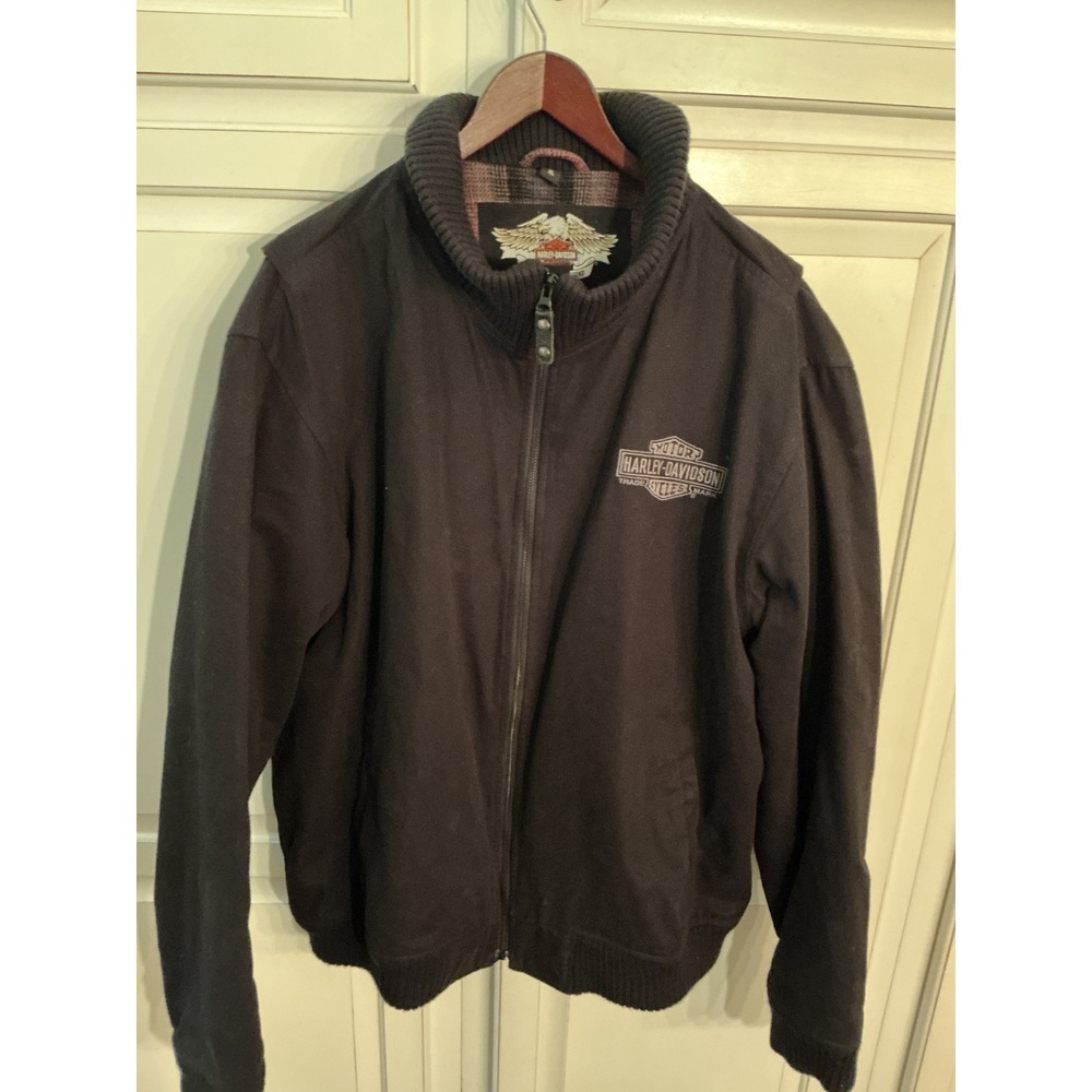 Harley-Davidson Mens XL Black Canvas Jacket Plaid Wool Blend Lining Full Zip